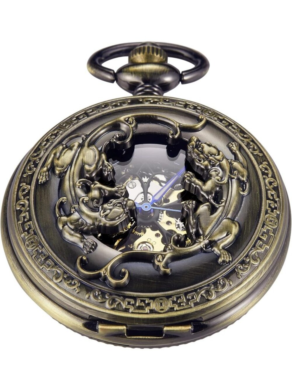 Men's Gold Bronze Wild Animals Skeleton Roman Numerals Mechanical Pocket Watch